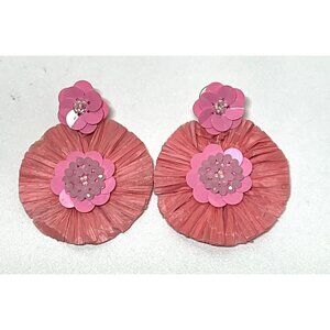 Vintage Handmade Lightweight Pink Floral Dangle Earrings With Raffia & Sequins